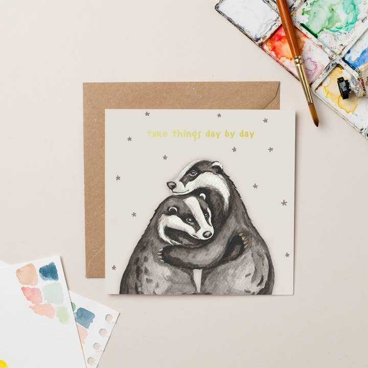Day By Day Badger Friendship card with Gold Foil for wholesale by lil wabbit
