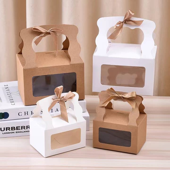 ByHome - Wholesale Gift Box - 25pcs, 2 size kraft white window wavy handle gift box ribbon