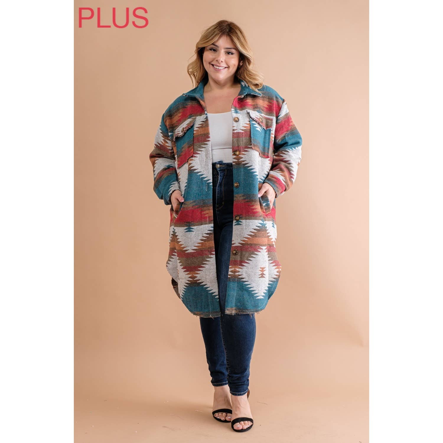 Sweet Generis - Wholesale Shirt Jacket/Shacket - Women's - PLUS LONG TRIBAL AZTEC BUTTON DOWN SHIRT JACKET SHACKET5
