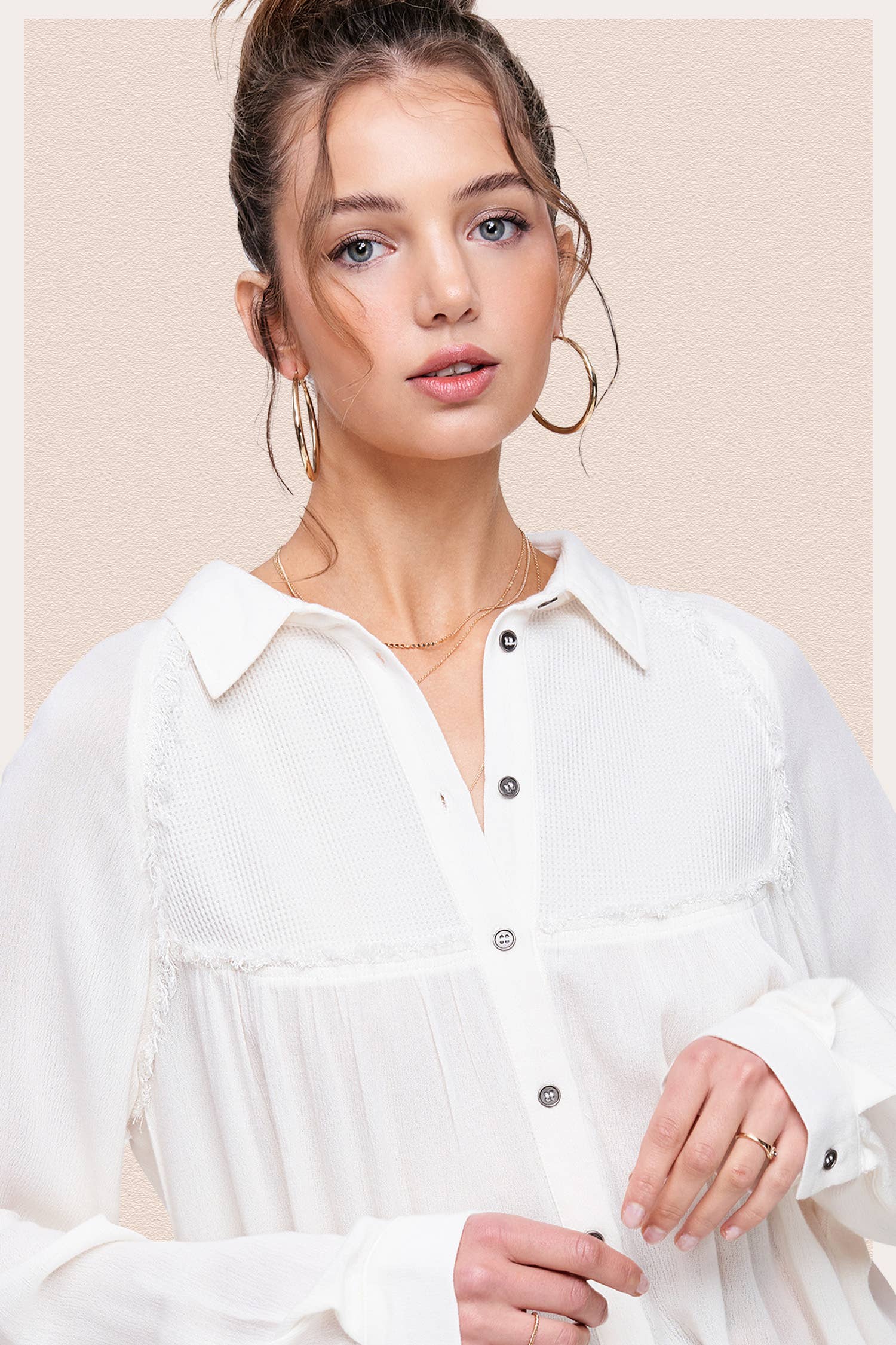 La Miel - Wholesale Button Down Shirt - Women's - SRT7802-Soft Washed Button Down Waffle Textured Gauze Shirts13