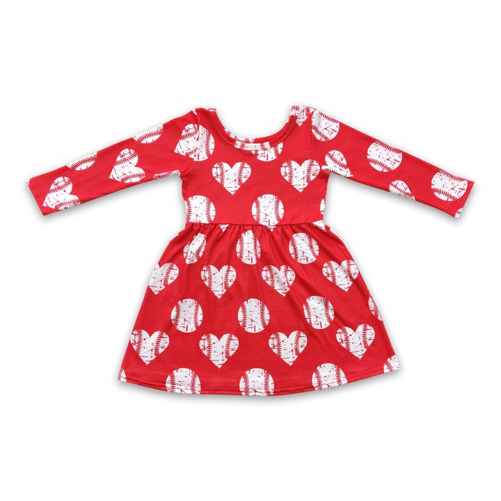 Baseball heart long sleeves baby girls dresses for wholesale by Yawoo Garments
