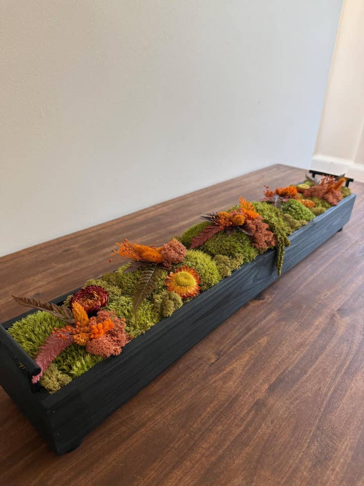 Moss Centerpiece: Wood Rectangle with Moss & Flowers for wholesale by Bright Belle