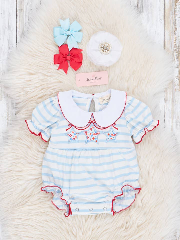 Marie Nicole Clothing - Wholesale Bodysuit (Non-Footed) - Baby - Blue & White Striped Patriotic Stars Bubble