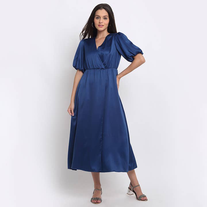 Stylish Blue V-Neck Solid Dresses For Women for wholesale by Benares