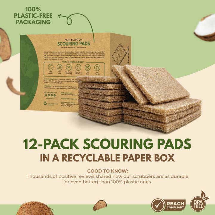 AIRNEX - Wholesale Cleaning Sponge - Eco-friendly Scouring Pad - 12 Pack Coconut Scourer