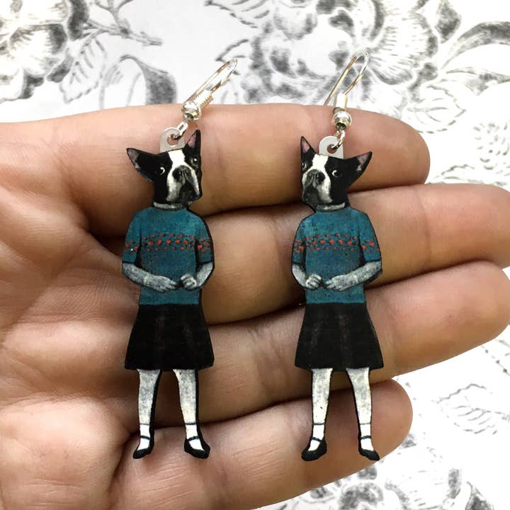 Boston Terrier Dog Earrings for wholesale by Pergamo Paper Goods