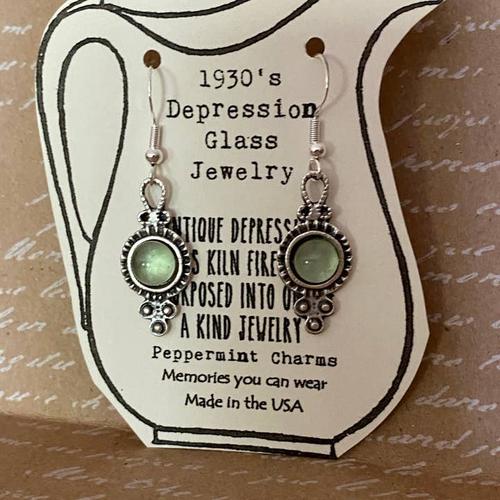 Green Depression glass antique earrings sterling silver for wholesale by Peppermint Charms