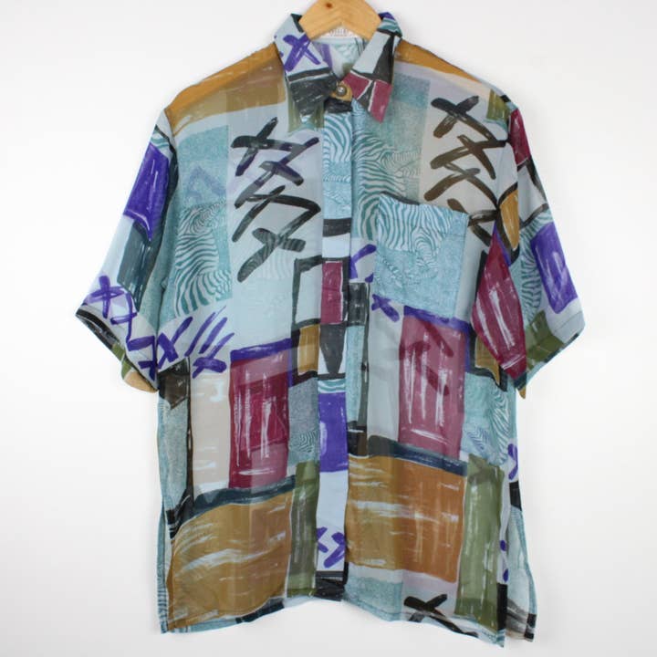 Sun's Out! - Wholesale Button Down Shirt - Women's - Vintage Short-Sleeve Button Up Blouse - Original Length10