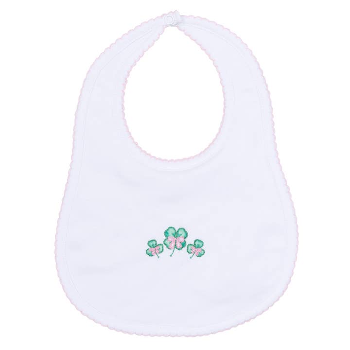 Lucky Little Ones Embroidered Bib - Pink for wholesale by Magnolia Baby
