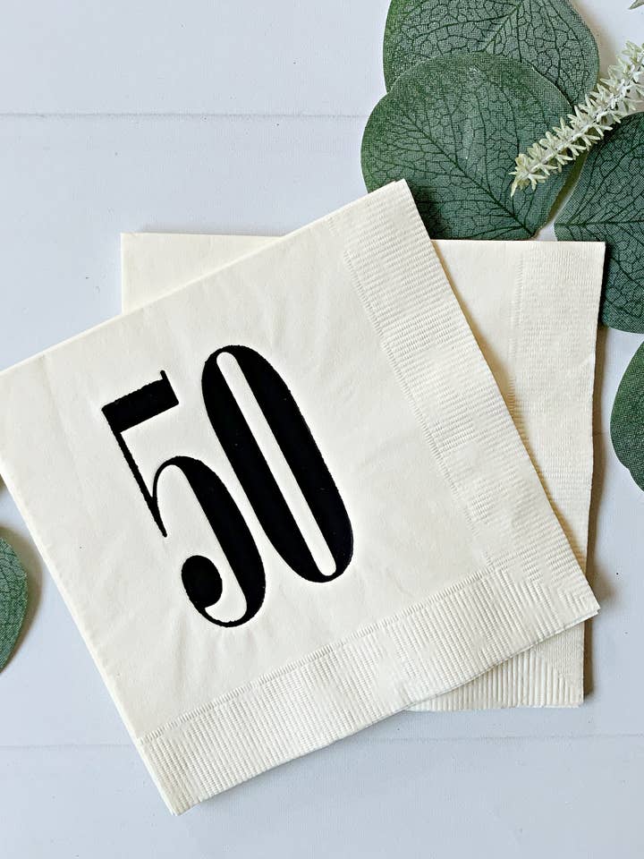 50 Cream & Black Birthday or Anniversary Napkins for wholesale by EnFete, LLC