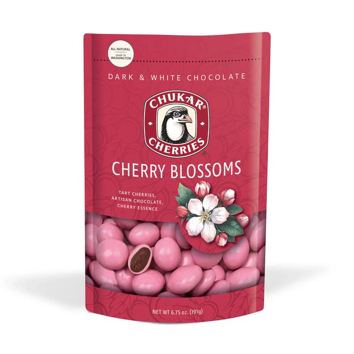 6.75 oz Cherry Blossom Bag - Dark and White Chocolate for wholesale by Chukar Cherry Company