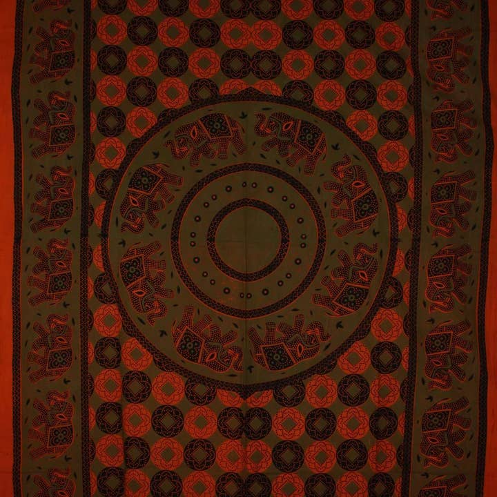 Saffron & Green Folk Style Bagru Elephant Mandala Tapestry for wholesale by Wild Lotus