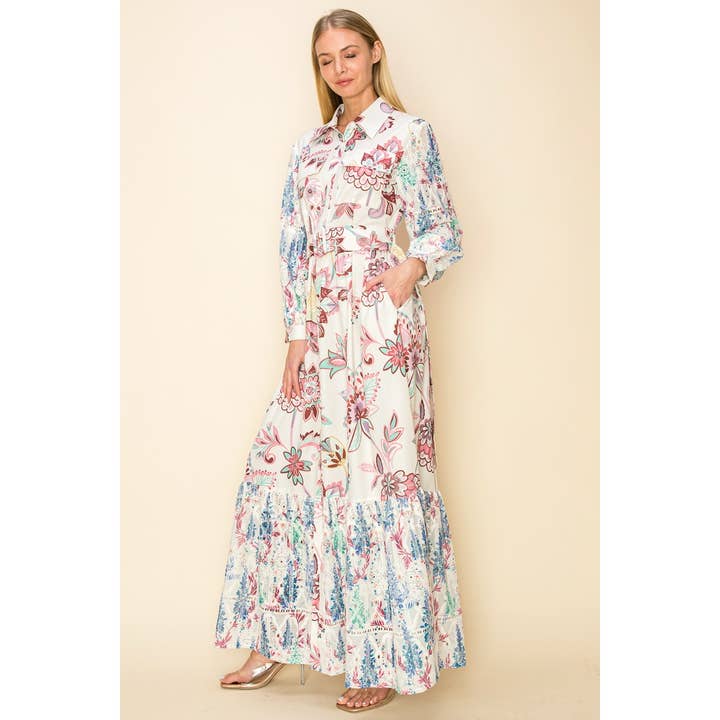 MULTI PRINTED MAXI DRESS WITH EMBOIDERY for wholesale on Faire