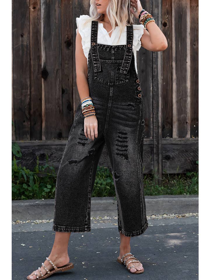 Little Daisy Closet - Wholesale Overalls - Women's - LDC Distressed Bib Pocket Wide Leg Denim Overall
