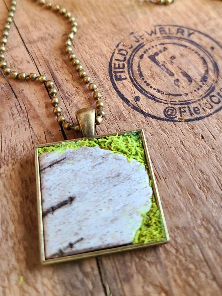 Mossy Birch Bark Square Necklace Earrings Botanical Nature for wholesale by Fields