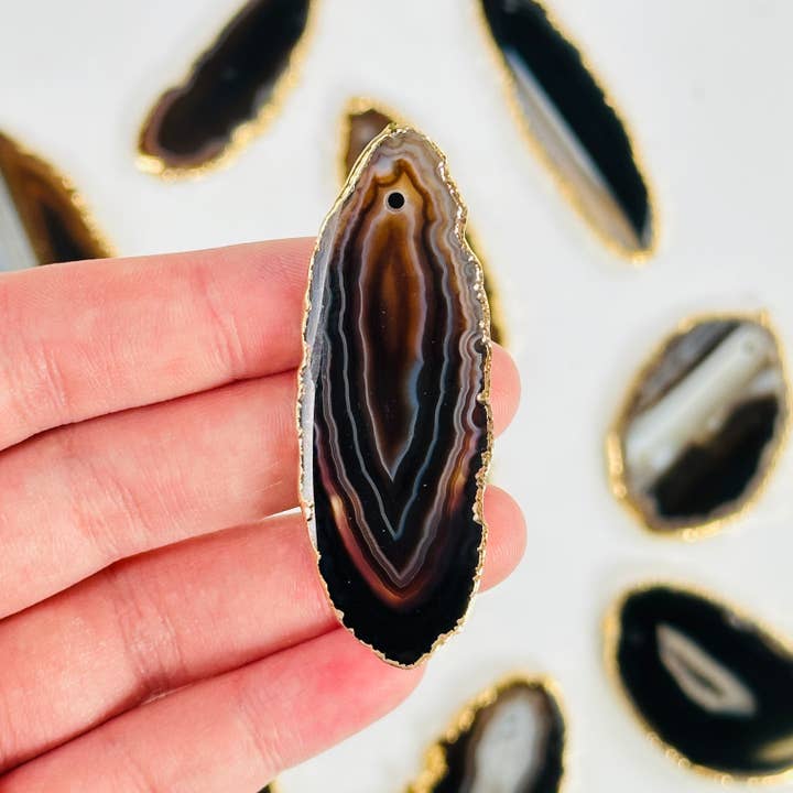 Crystal Brown Agate Slice with Gold Electroplated Edge for wholesale by Rock Paradise