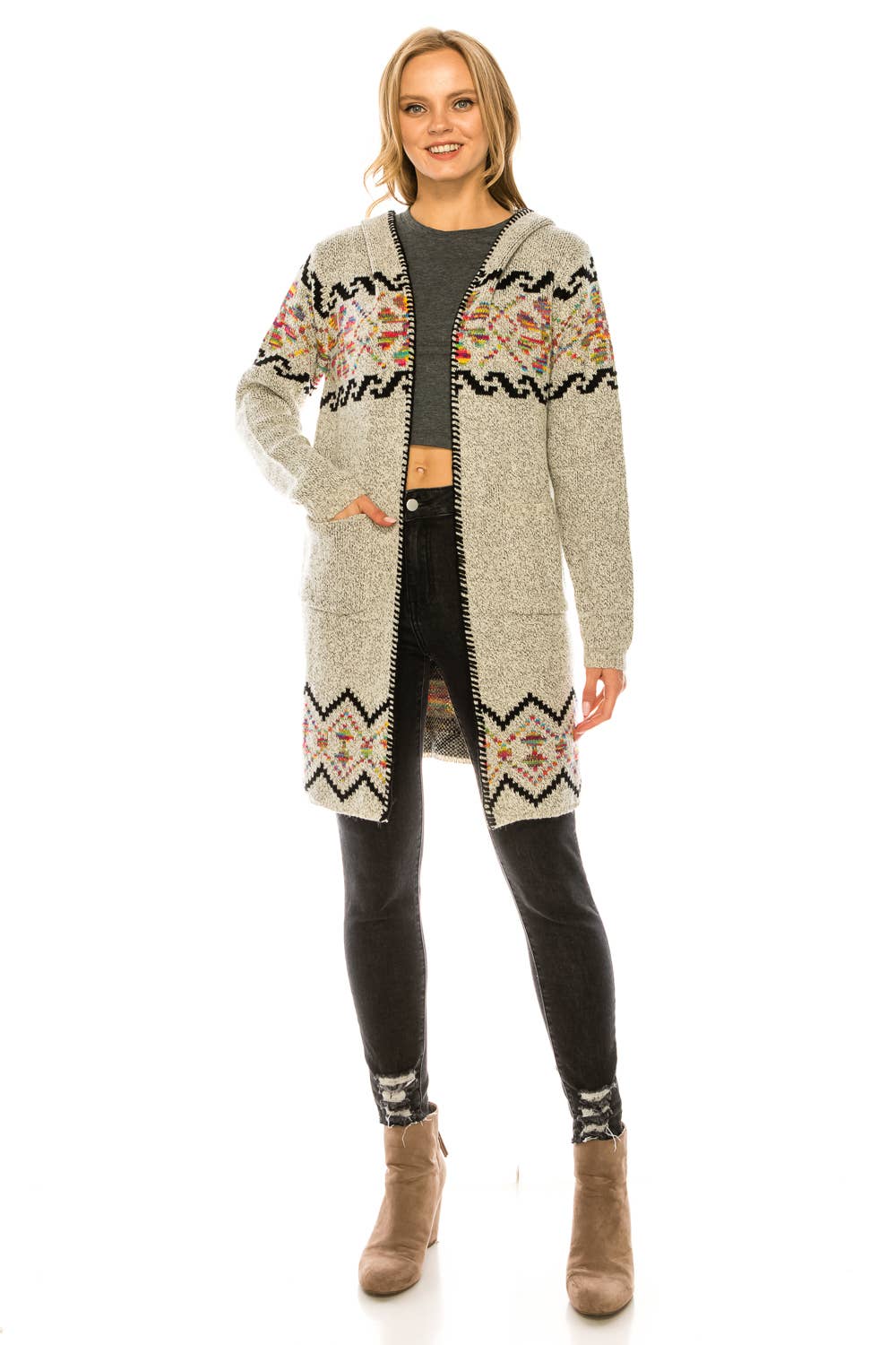 Oceanus Apparel - Wholesale Cardigan - Women's - OUG81327 Hooded floral patterned knit long cardigan sweater7