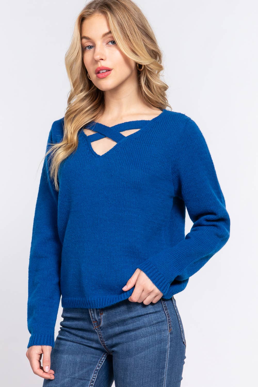 Active Basic | Active USA - Wholesale Knit Sweater - Women's - Long Sleeve V-neck With X Strap Sweater7