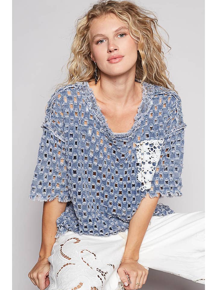 Pol Clothing - Wholesale Knit Top - Women's - Round neck short sleeve open knitted woven top