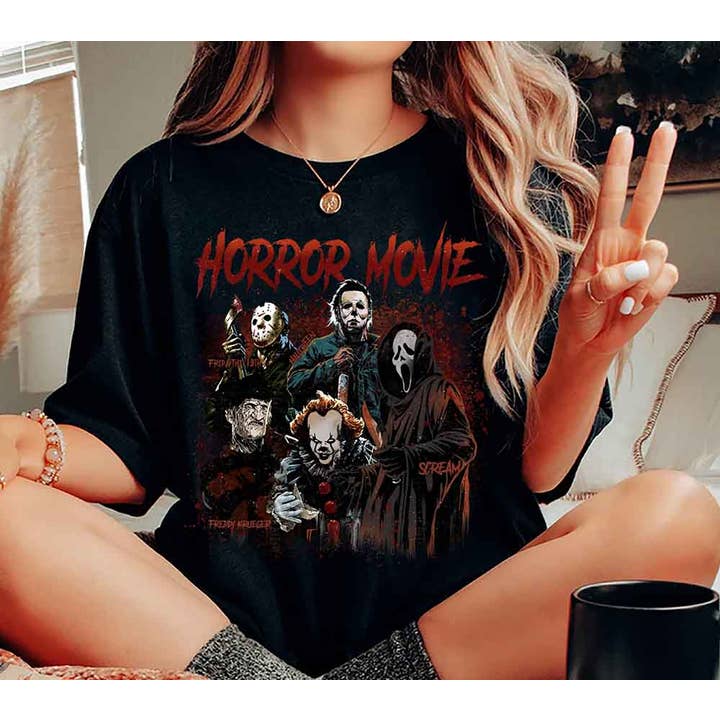 Black Retro Horror Movie Shirt, Halloween Horror Shirt for wholesale on Faire