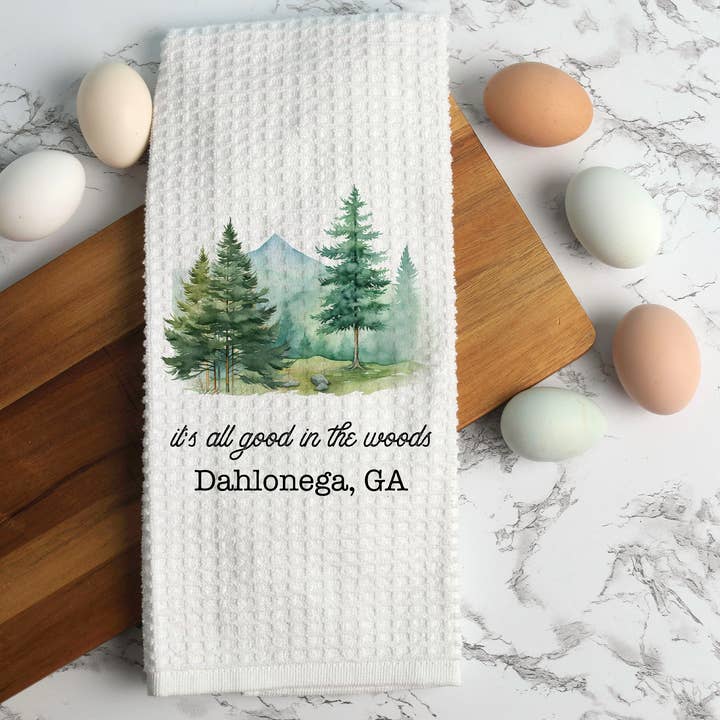 Canary Road - Wholesale Tea Towel - All Good in Woods Camping Towel, Customize with Location