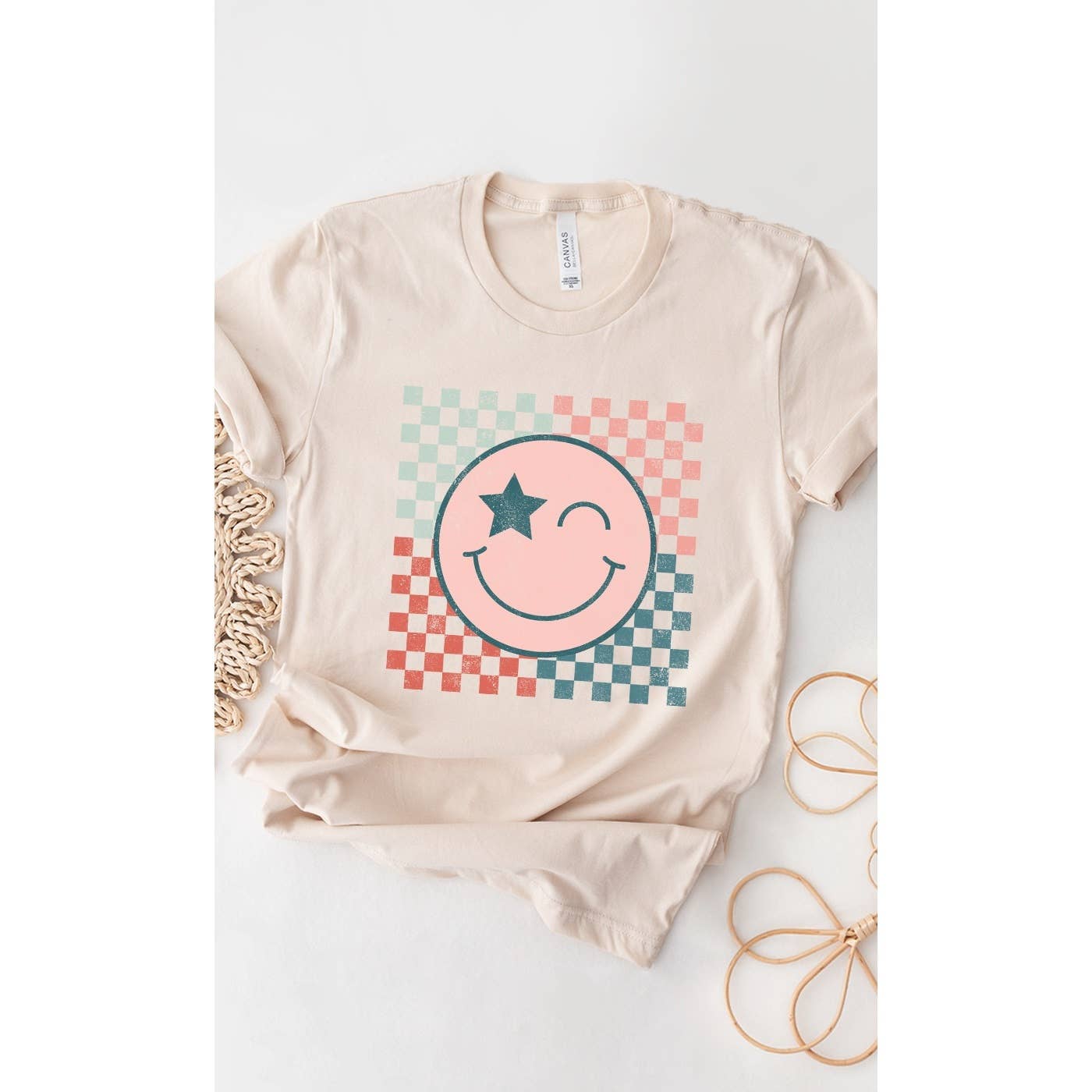 Kissed Apparel - Wholesale Screen Printed T-Shirt - Women's - Star Winky Smiley Checker Graphic Tee3