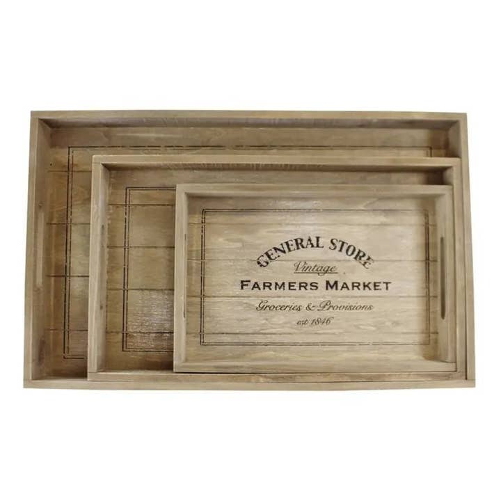 From Under The Stairs - Wholesale Decorative Tray - Set Of 3 General Store Wooden Trays With Handles