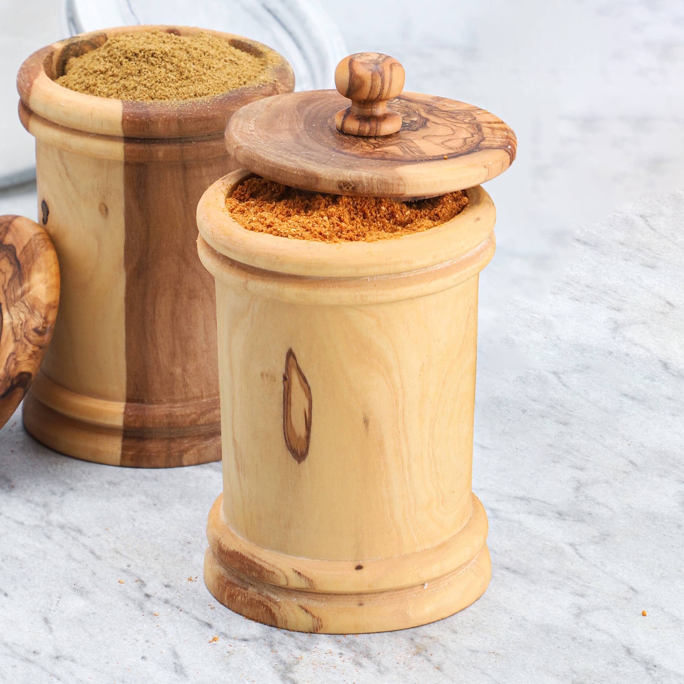 Texas Olive Wood Company - Wholesale Salt Mill - Handmade Olive Wood Spice Jars with Lift Off Lids1
