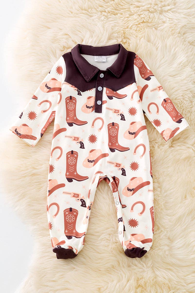 Kids Charm Online - Wholesale Jumpsuit - Baby - Brown and ivory boot printed baby bodysuit w/snapps. (WESTERN)  RPB50423 JEAN0