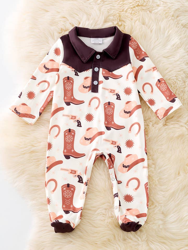 Kids Charm Online - Wholesale Jumpsuit - Baby - Brown and ivory boot printed baby bodysuit w/snapps. (WESTERN) RPB50423 JEAN