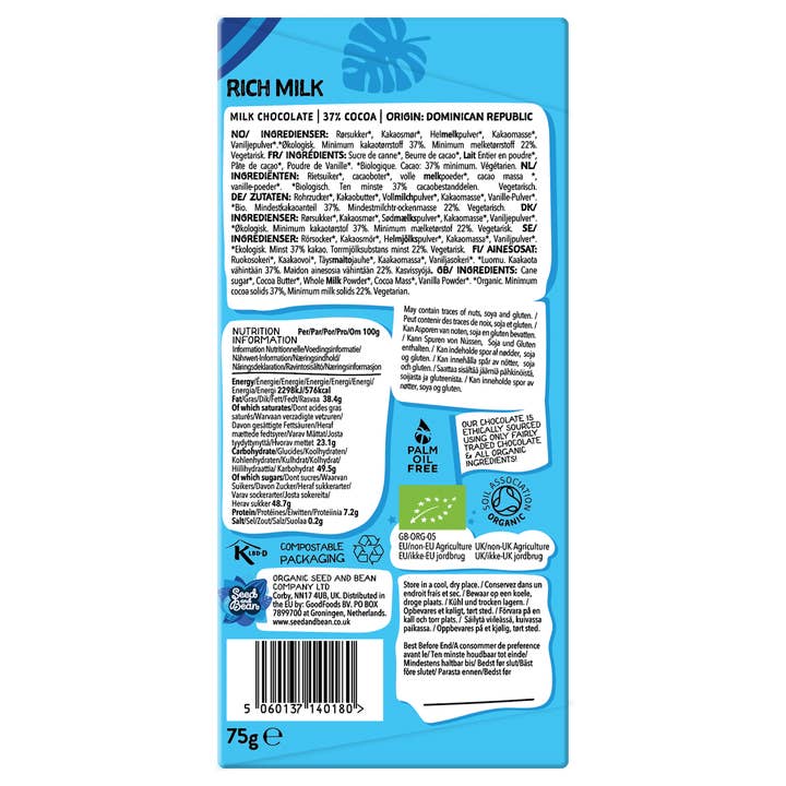 Seed & Bean – wholesale Chocolate bar – RICH MILK CHOCOLATE 75G BAR (37% COCOA)