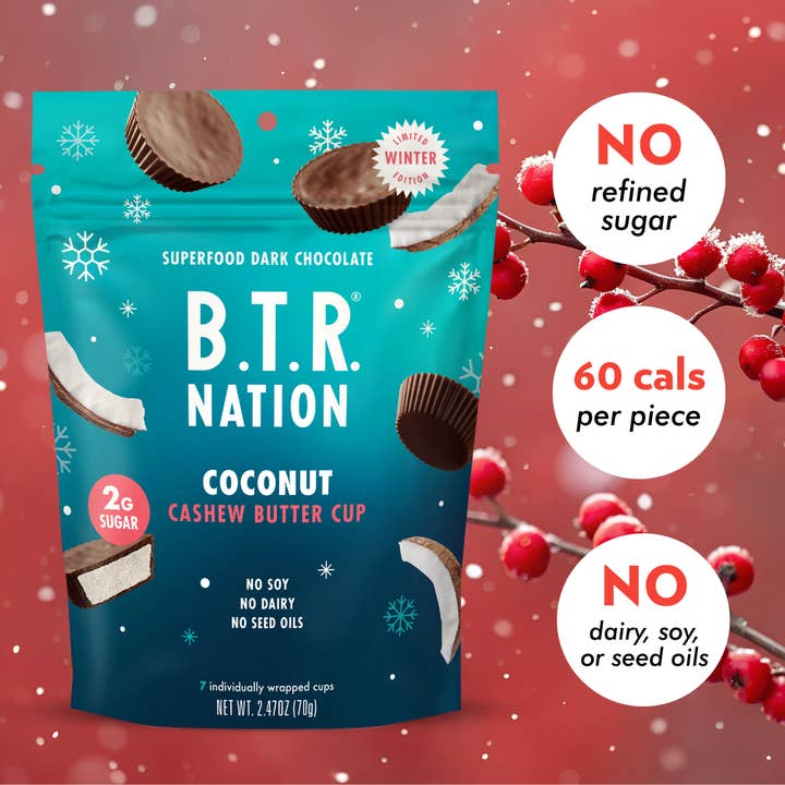 B.T.R. Bar - Wholesale Chocolate Covered Sweets - Winter Limited Edition Dark Chocolate Coconut Cups 1