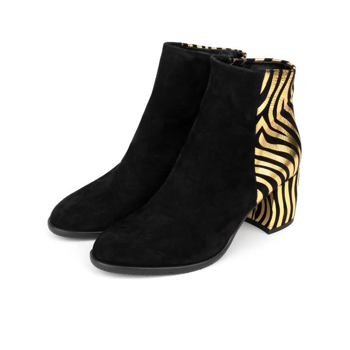 Embassy London – wholesale Booties – Women's – Impala - Black & Gold - Women's Suede Ankle Boot with Block Heel & Gold Foil Zebra Stripes8
