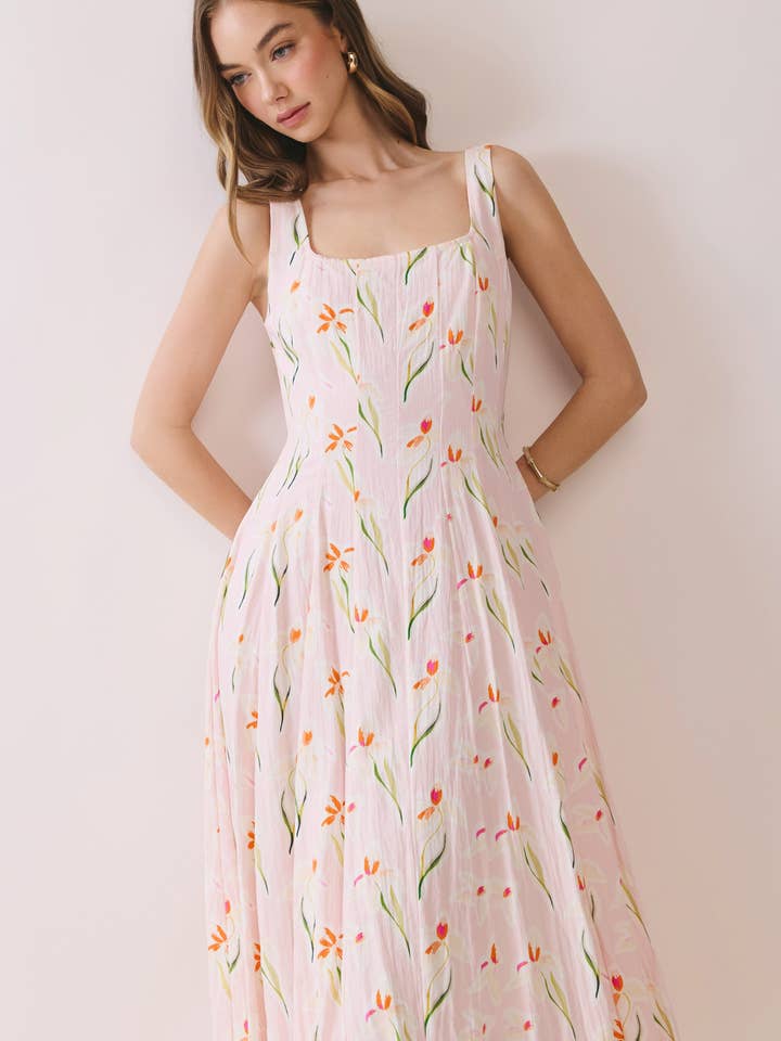 CD06779-Floral Print Wide Straps Square Neck Midi Dress for wholesale by TCEC