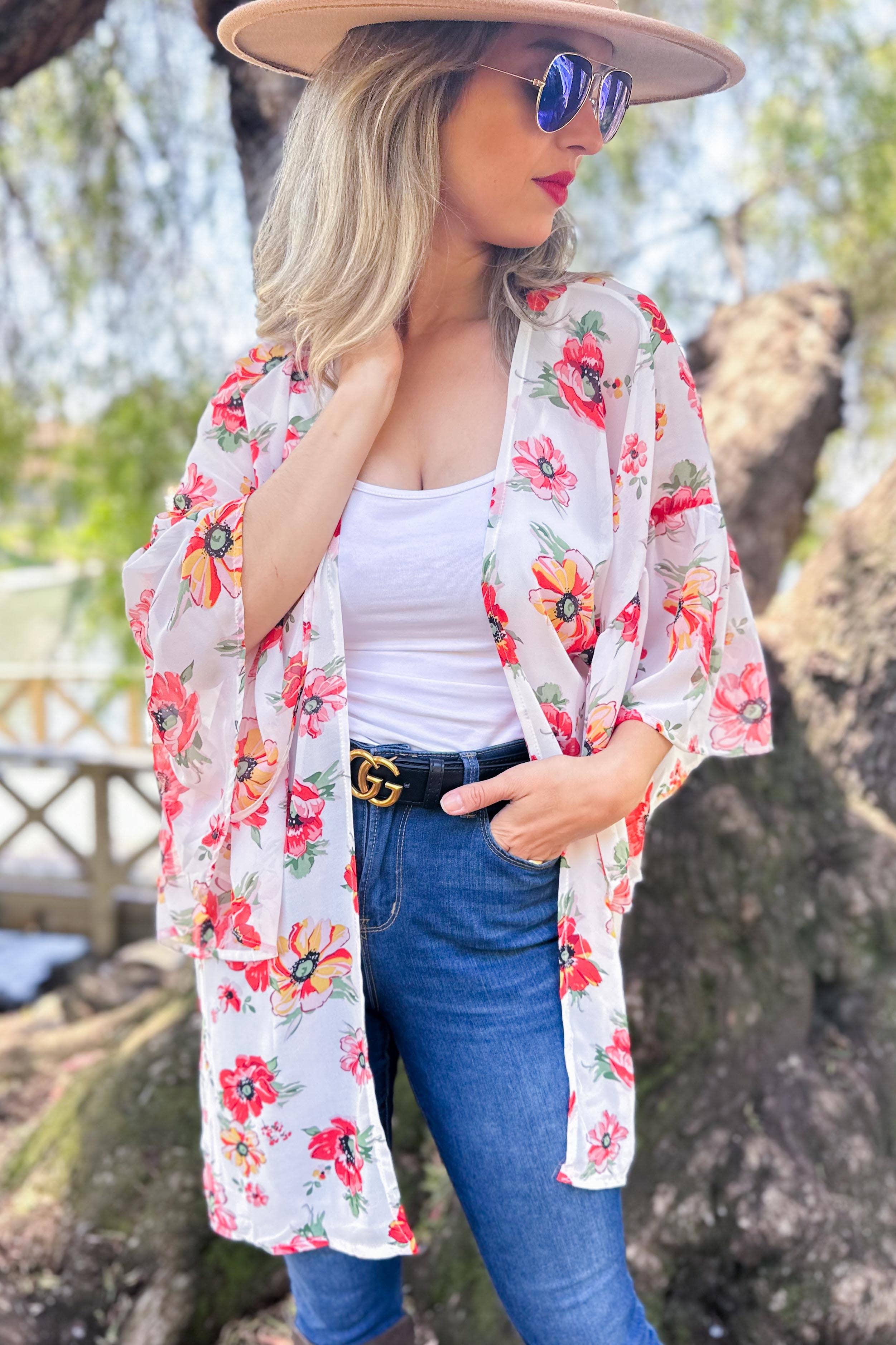 AMOLI – wholesale Kimono – Women's – Floral Printed Ruffled Sleeve Chiffon Kimono Cover-Up5