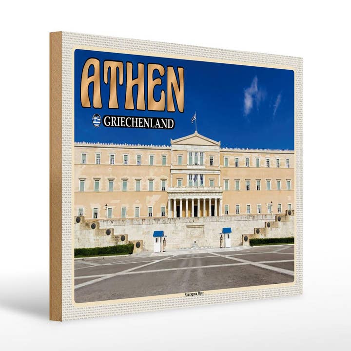 Placa de viagem em madeira 40x30 cm Atenas Grécia Sinal quadrado Syntagma por atacado de Femer