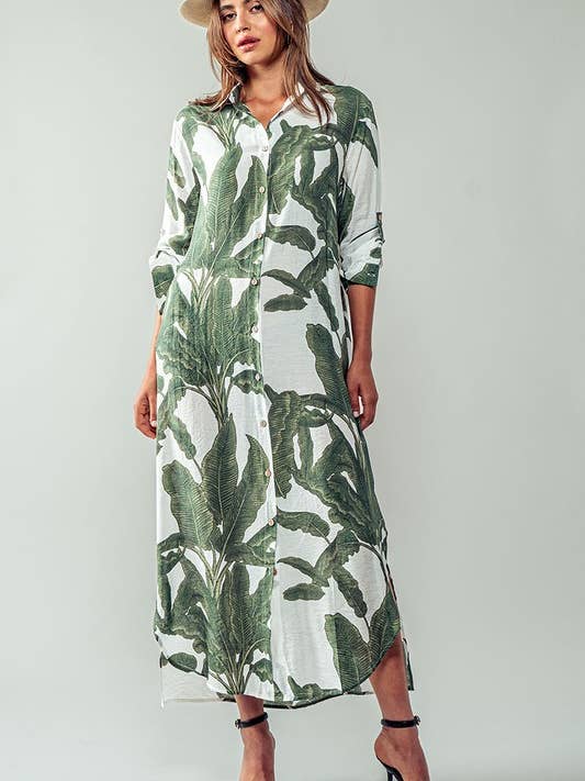 Tropical Leaf Print Button-Down Midi Shirt Dress for wholesale by Fashion Week