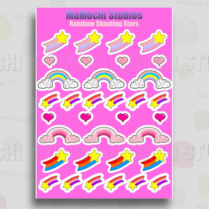 Sticker Sheet - Kawaii Rainbow - Shooting Stars - Hearts for wholesale by MaMochi Studios