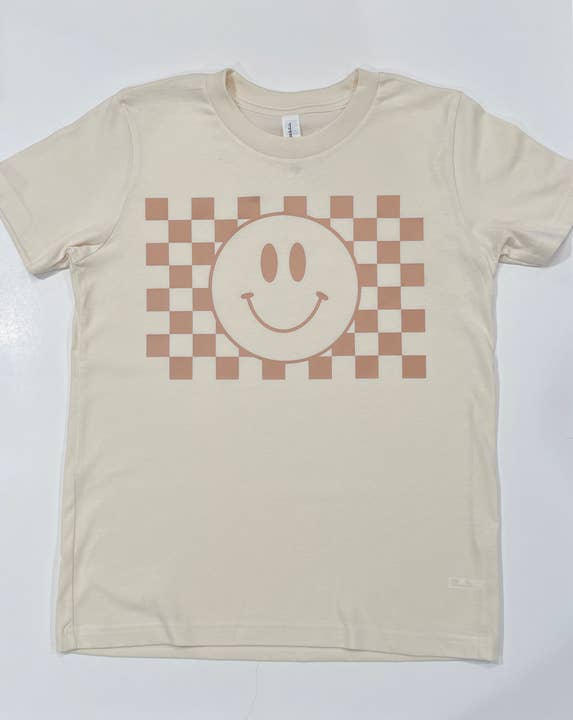 Checkerboard Smiley Face Kids Unisex T-Shirt | 90's Inspired for wholesale by The Mini Mart Studio
