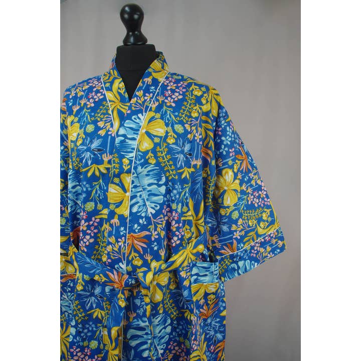 Bomuld Kimono Badekåbe - Ocean Blue Floral for engroshandel hos Kantha Decor