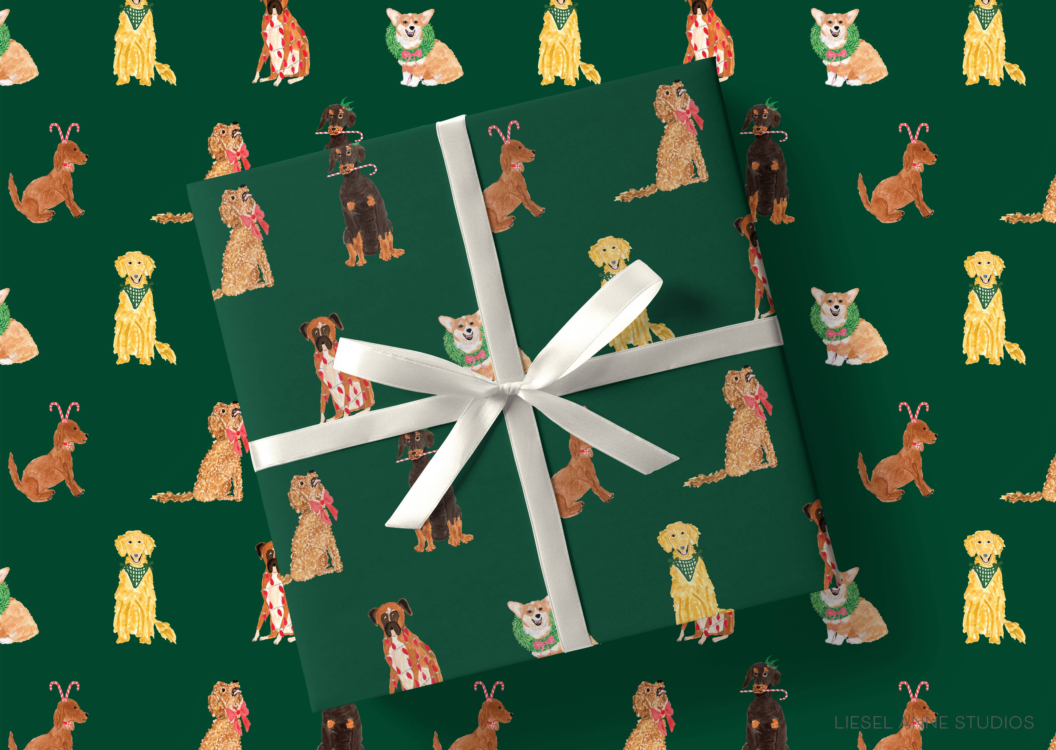 Liesel Anne Studios – wholesale Wrapping paper roll – Dog Lovers Christmas Holiday Gift Wrap [Rolls of 3 Sheets]2