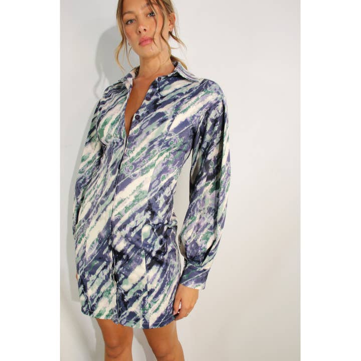 MARINEBLAU MULTI SCHWERES BAUMWOLL-MINIKLEID MIT BALLONÄRMELN für den Großhandel auf Faire