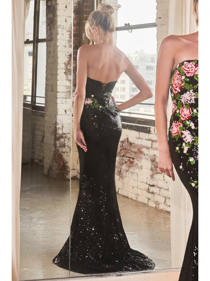 Ladivine by Cinderella Divine - Wholesale Gown - Women's - STRAPLESS FLORAL PATTERNED SEQUIN DRESS
