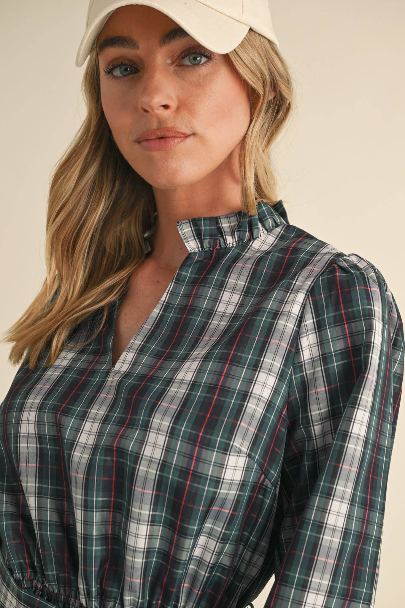 &MERCI - Wholesale Dress - Women's - PLAID MINI DRESS WITH TIERED RUFFLE TRIM MDR353810