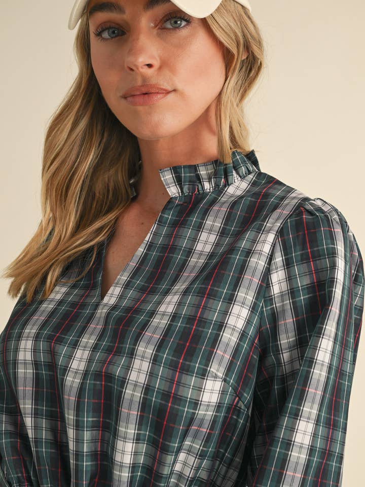 &MERCI - Wholesale Dress - Women's - PLAID MINI DRESS WITH TIERED RUFFLE TRIM MDR353810