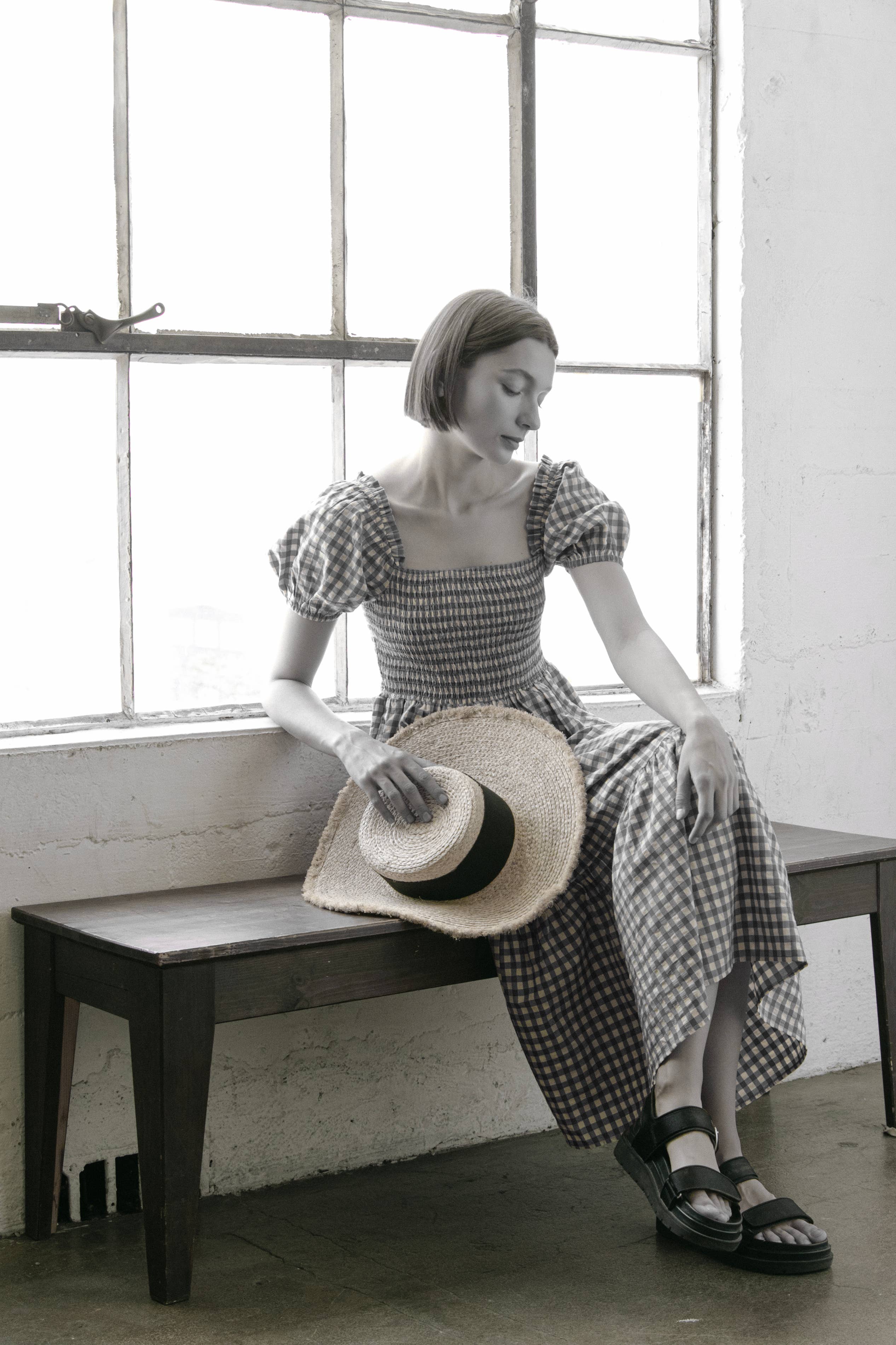 Elloh Collection - Wholesale Dress - Women's - Gingham Puff Sleeves Smocked Chest Midi Dress with Pockets16