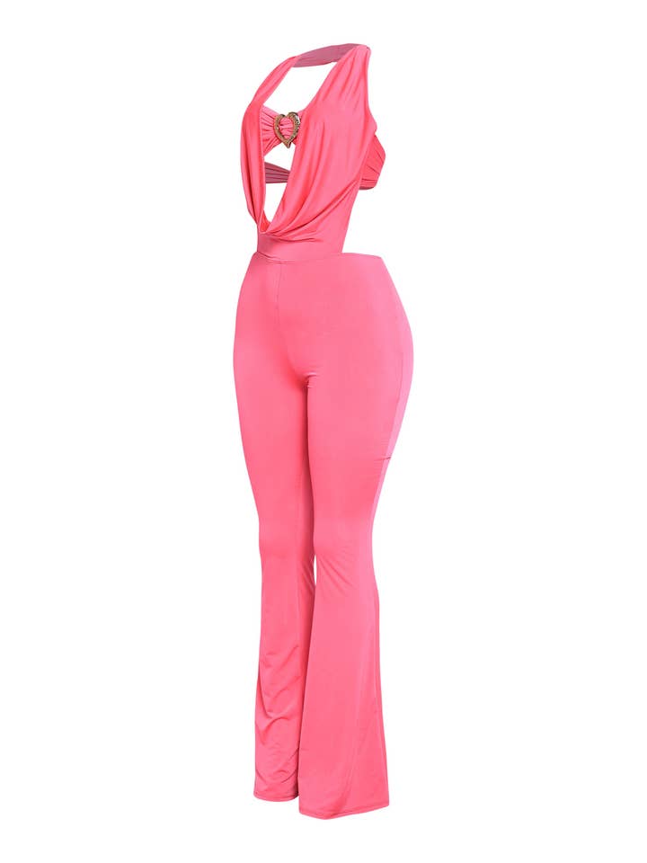 HOT PINK Deep cowl neck halter jumpsuit for wholesale on Faire3