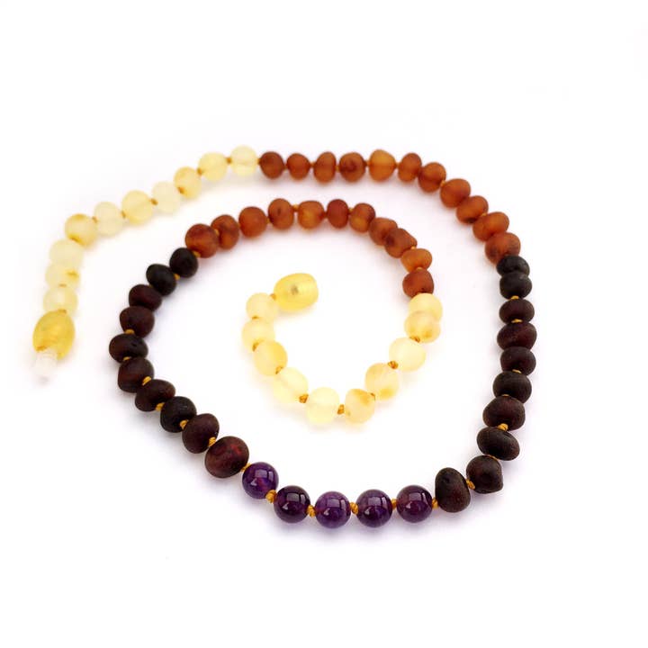 Amber & Gemstone Necklaces - Adult - Raw Rainbow & Amethyst for wholesale by Momma Goose Products, Ltd.