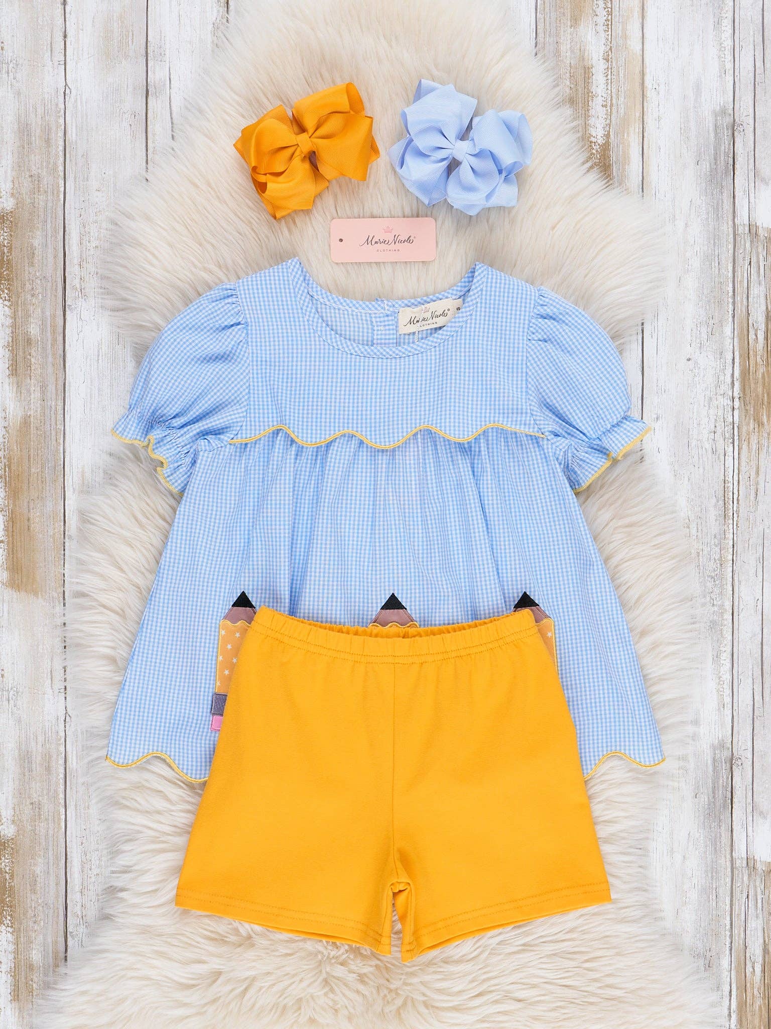 Marie Nicole Clothing - Wholesale Top & Short Set - Kids - Scallop Hem Embroidered Pencils Outfit1
