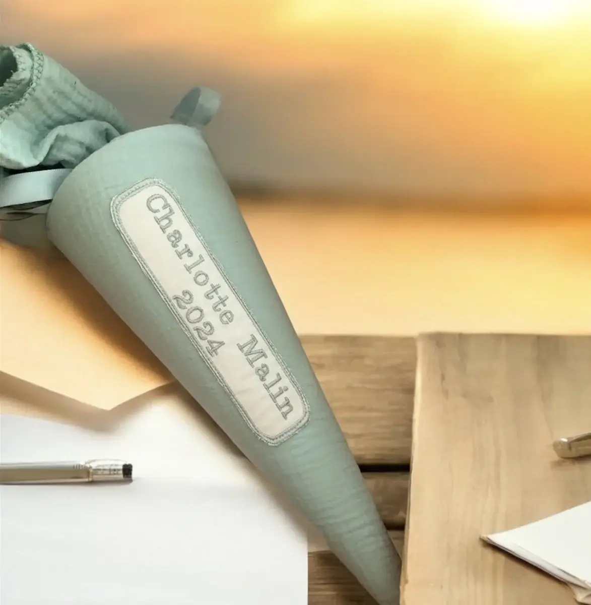 Küstenfieber® – Großhandel Partygeschenk – Musselin Schultüte Mint – Handmade – 35 cm / Ø 12 cm oder 703